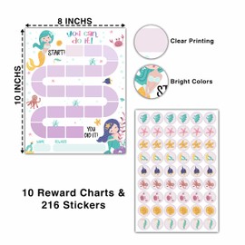 10 Mermaid Reward Chart with 216 Round Stickers, Incentive Behavior Chart for Kids at Home Classroom, Kids Routine Daily Chore Sticker Chart-A11