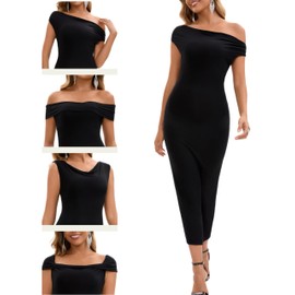 NANAHP Women's Off The Shoulder Midi Dresses 2025 Summer Formal Elegant Cocktail Party Wedding Guest Slim Fitting Dress (US, Alpha, X-Large, Regular, Regular, Black)