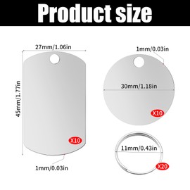 PWGHWG Pack of 20 Stainless Steel Pendants Blank Rectangular/Round Stamping Blanks with Split Ring Blanks Dog Tags Key Ring Blanks with 20 Key Rings for DIY