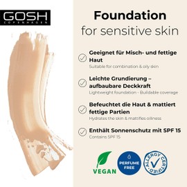 GOSH Foundation with SPF 15 for Light & Dark Skin, Vegan, Mattifying Makeup for Dry, Sensitive & Oily Skin, Smudge-proof and Sweat-Proof, Oil-Free, Coverage Adjustable, No Mask Effect, 008N