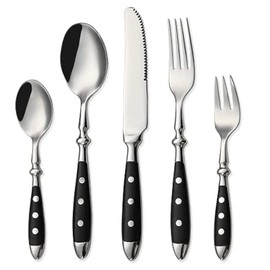 HOMECHAN 20-Piece Vintage Silverware Set with Black Bakelite Handles - Elegant Flatware for Home Kitchen & Special Occasions, Dishwasher Safe (Includes Forks, Spoons & Knives)