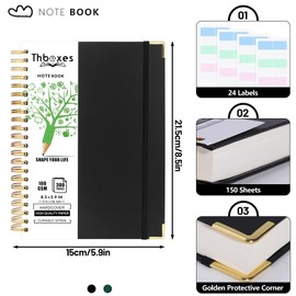 Thboxes A5 Notebook Lined, 300 Pages A5 Notepad Spiral Notebook, 100GSM Thick Paper Hardback Notebook for Women Men Office School, 24 Labels, 15 X 21.5 cm