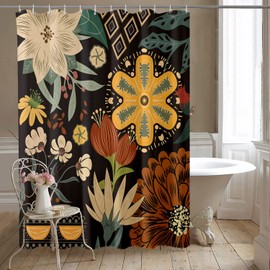 REZAYMRS Boho Flower Shower Curtain with 12 Hooks, 72''x72'' Waterproof Polyester Fabric, Quick Dry, Weighted Hem, Abstract Geometry Shower Curtains for Bathroom, Modern Mid Century Shower Curtains