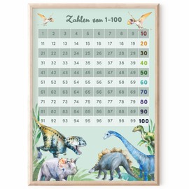MeinBaby123® DIN A4 Numbers 1-100 Children's Room Poster Numbers from 1-100 Posters Teaching Posters for Children Learning Poster Mathematics Primary School Learning Numbers Classroom Decoration (Dino