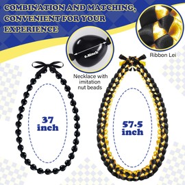 Jexine Kukui Nut Lei Necklace and Ribbon Lei Braided Necklace with Ribbon Bow Closure Chunky Black Hawaiian Necklace Graduation Gift (Black, Gold,47 Inch)