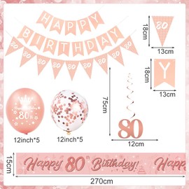 80th Birthday Decorations for Women-Rose Gold 80th Birthday Banners for Her,80th Party Decor Happy 80th Birthday Banner Bunting Foil Hanging Swirls Triangle Flags Confetti Latex Balloons