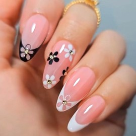 French Tip Press on Nails Medium Almond Shaped Fake Nails Black White Flowers Rhinestones Design False Nails Nude Glossy Acrylic Nails Full Cover Stick on Nails for Women Girls 24 Pcs