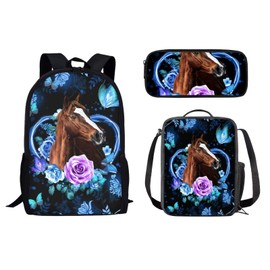 JEOCODY Horse Backpack with Lunchbox School Backpack Set for Teens Girls Boys Kids School Bags Bookbag with Lunch Bag Pencil Pouch Back to School Gifts Set of 3