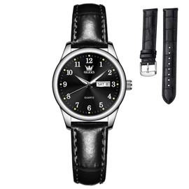 OLEVS Wristwatch, Waterproof, Women's, Fashion, Fashion, Simple, Women's, Crystal, Arabic/Roman Dial, Leather Strap, Easy to Read Watch, Cute Watch, black leather 5006, Classic