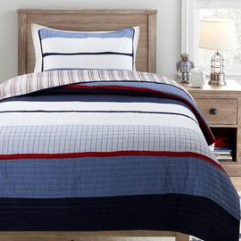 Cozy Line Home Fashions Navy Blue Red Striped Boy 100% Cotton Reversible Quilt Bedding Set, Coverlet, Bedspread (Harlan, Twin - 2 Piece)