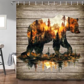 Rustic Bear Shower Curtain Country Wild Animals Forest Plank Background Bath Curtain Set Mountain Woodland Nature Bear Shower Curtain Rustic with 12 Hooks 72 X 72 Inch