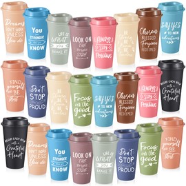 FillTouch 24 Pcs 16 oz Reusable Plastic Coffee Cups with Lids and Positive Sayings, Bulk Inspirational Gifts for Women Men Employee Coworker Staff Team Volunteer, Hot or Cold Drinks (Morandi)