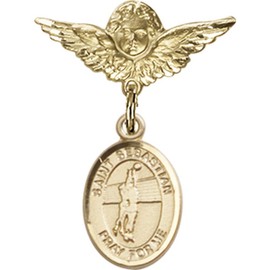 Gold Filled Baby Badge with St. Sebastian/Volleyball Charm and Angel w/Wings Badge Pin 1 X 3/4 inches