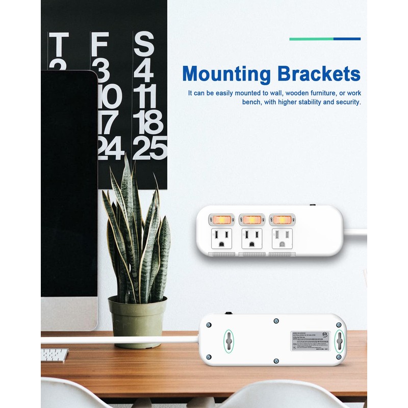 Flat Plug Power Strip Individual Switches, Extension Cord 3 feet,