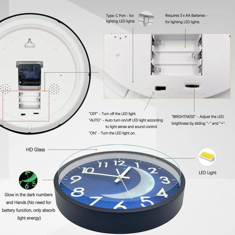 JoFomp LED Light Up Wall Clock Glow in Dark, 12