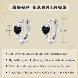 Loutade Hoop Earrings Silver Women's Earrings, 925 Sterling Silver Black Heart Star Earrings Hoop Earrings with 5A Cubic Zirconia, Hypoallergenic, Lightweight, Small Cartilage Sleeping Hoop Huggie