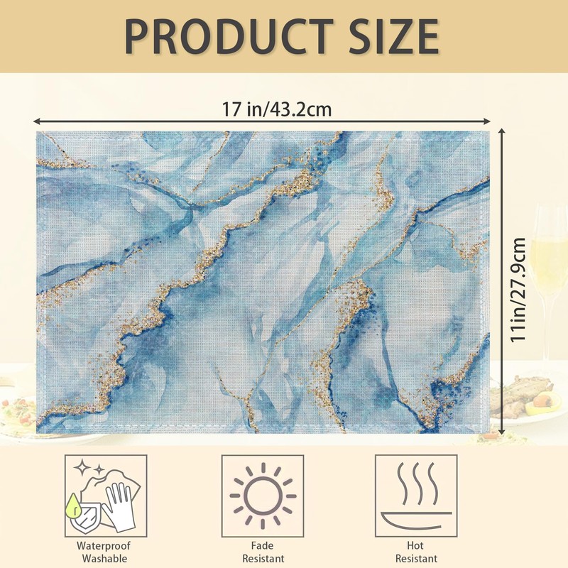 Blue Marble Pattern Placemats Set of 6,Table Mats Non-Slip Heat