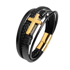 Jennoria Mens Black Leather Bracelet Multi-Layer Braided Leather Cross Bracelet Religious Confirmation Gifts (Black Leather Gold Cross, 7.67)