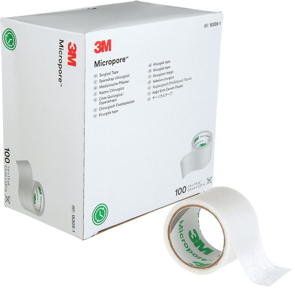 3M™ Micropore™ Surgical Tape, 1530S-1, single-patient use roll, 1 inch x 1 1/2 yard (2,5cm x 1,37m), 100 rolls/box