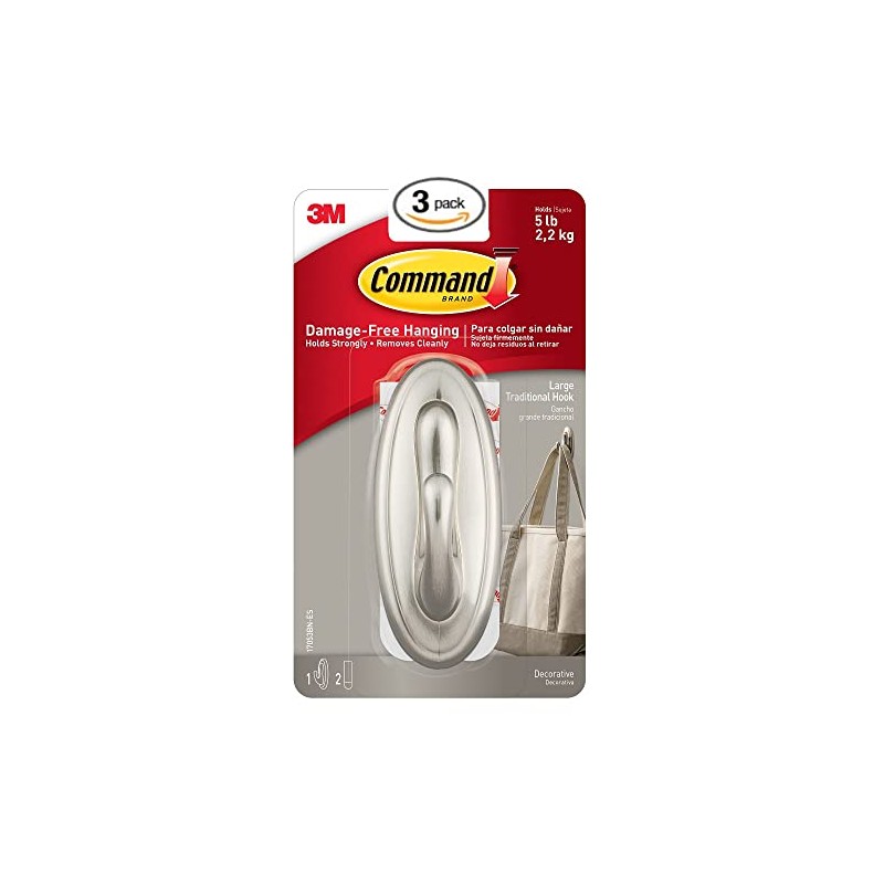 Command Traditional Large Plastic Hooks, Brushed Nickel, 3-Hook