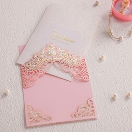 Hosmsua 20 x Royal Pink Laser Cut Wedding Invitation Cards with Embossed Crown Design for Wedding Invitations with Envelope, Princess Dream
