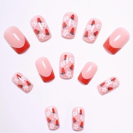 Red French Press on Nails Short Acrylic Nails Square Fake Nails with Strawberry Designs Light Pink Translucent Glue on Nails White Flowers Stick on Nails Spring False Nails for Women 24 Pcs
