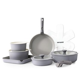 SENSARTE 17 Piece Ceramic Pots and Pans Set, Nonstick Detachable Handle Cookware, Induction Kitchen Cookware Set with Removable Handle, Dishwasher ＆ Oven Safe, PFAS/PTFE/PFOA Free (Gray)