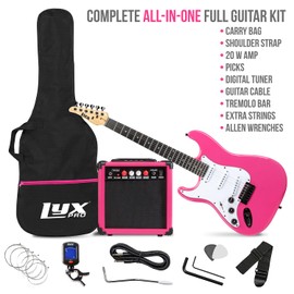 LyxPro Left Hand 39 Inch Electric Guitar and Starter Kit for Lefty Full Size Beginner’s Guitar, Amp, Six Strings, Two Picks, Shoulder Strap, Digital Clip On Tuner, Cable and Soft Case - Pink