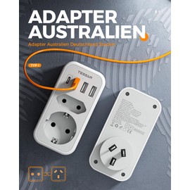 TESSAN Adapter Australia, 6 in 1 Travel Adapter New Zealand with 1 USB C and 3 USB A, 2500 W Socket Adapter Australia, Adapter for New Zealand Australia China Argentina, Travel Plug Type I