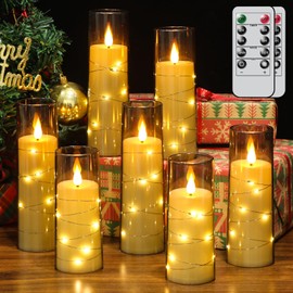 Wondise Flameless Flickering Candles with Embedded Star String Remote and Timer Battery Operated Flickering LED Candles Durable Acrylic Shell Pillar Candles for Christamas Home Decoration (7pack