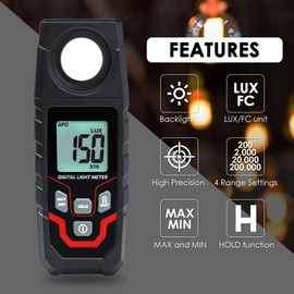 Light Meter Illuminance LuxMeter Handheld Photometer LUX/FC Switchable Units 0.1 to 200,000 LUX and 0.01 to 20,000 FC with LCD Backlight for Indoor Outdoor Film Photography lumens