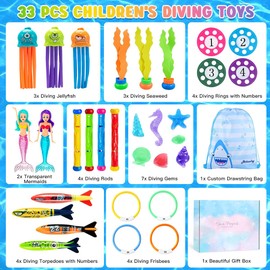 TOSZOLY 33 Stück Kinder Tauchspielzeug Set, Tauchen Spielzeug Unterwasser mit Aufbewahrungstasche, Tauchspielzeug für Kinder mit Geschenkbox, für Tauchtraining und Poolpartys