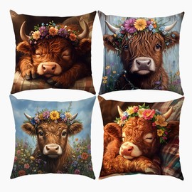 SEVENWELL Highland Cow Cushion Cover 45x45 cm Pack of 4 Scotland Scottish Decorations Throw Pillow Case Decor Home for Livingroom Couch Sofa 18“x18“
