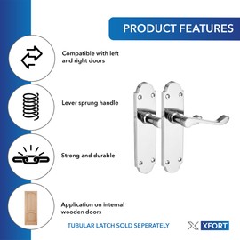 XFORT Chrome Elegance Range Polished Chrome Richmond Lever Latch Handles, Polished Chrome Long Backplate Door Handles, Contemporary Design for Internal Wooden Doors (1 Pair)