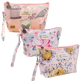 Siomlana Set of 3, Flower and Bird Pattern Cosmetic Pouch, Women's, Waterproof, Large Capacity, Makeup Pouch, Large Size, Travel Toiletry Bag, Cosmetic Pouch, Coin Case, Multifunctional, Cosmetic Storage, Travel, Stylish, Portable, Pink