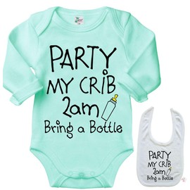 SHIRTZIE DESIGNS Party, my crib 2am, bring a bottle -Funny Newborn Infant outfit Onesie & Blb Set