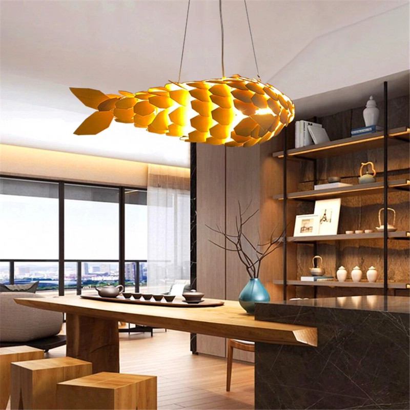 UNHO Large Artificial Brasswood Pendant Light Lamp Fish-shaped Ceiling Lights