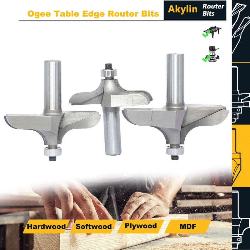 Akylin 3Pcs Ogee Table Edge Router Bit Set,1/2 Inch Shank,Cutting