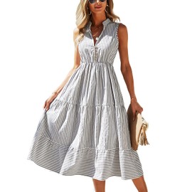 BROVAVE Womens 2025 Summer Sleeveless Shirt Dress Collar Striped V Neck Casual Midi Dresses(Gray, M)