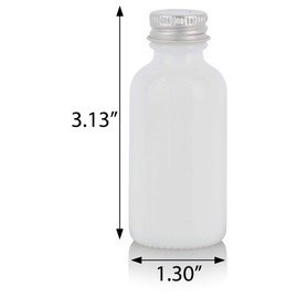 JUVITUS 1 oz Opal White Glass Boston Round Bottle with Silver Screw On Cap + Funnel Refillable Empty Storage Containers (12)