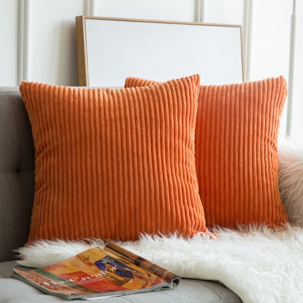 Miulee Pack of 2, Fall Corduroy Soft Soild Decorative Square Throw Pillow Covers Set Cushion Cases Pillowcases for Sofa Bedroom Car 18 x 18 Inch 45 x 45 cm, Orange