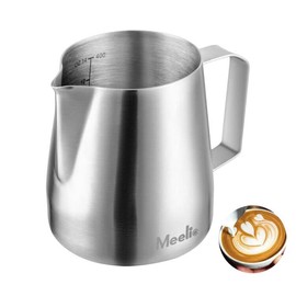 Meelio Milk Frothing Pitcher 12oz/350ml,Stainless Steel Coffee Milk Frother Jug,Espresso Milk jug with Measurement Scale，Silvery