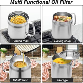 68 oz 304 Stainless Steel Oil Filter Pot, 2 in 1 Oil Strainer Pot Large Capacity Oil Filter Vessel Tank Oil Strainer Pot with Fry Basket Kitchen Oil Strainer Pot with Insulated Gloves and Food Clip