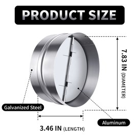 8 Inch Backdraft Damper Back Draft Vent Duct Shutter Blocker, Backflow Ducting Insert One-Way Airflow Preventer with Inline Springs Loaded Folding Blades, HVAC Extractor Range Fan Hood Deflector