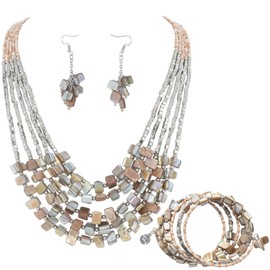 Firstmeet Bohemian Multi-Layer Shell Beaded Necklace With Earrings Bracelet Seed Bead Irregular Costume Jewelry for Women(XL-1201-Light Brown Set)