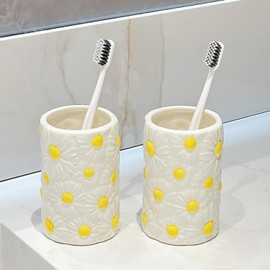 Gaolinci 2 Pcs Ceramic Mouthwash Cup, Daisy Embossed Toothbrush Holder, 10 Oz Bathroom Tumblers