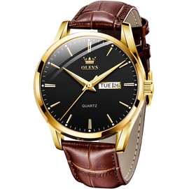 OLEVS Men's Watches Brown Black Leather Strap Quartz Watch Men with Weekday Date Waterproof Luminous Classic Elegant Wrist Watch Gift, Black/Brown, Strap.