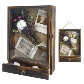 Hodeframe Shadow Box Frame with Drawer, 2.6" Deep Shadow Box Display Case with Real Glass, Wooden Memory Box for Pictures, Memorial, Medals, Flowers, Wedding Bouquet for Wall or Tabletop Brown