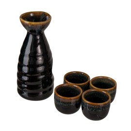 Urban Tokyo Japanese Sake 5 Piece Set Include 1 Sake Bottle and 4 Cups for Hot or Cold Sake Home or Restaurant Use Reactive Glazed Ceramic (Black Brown)