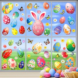 6 Sheets Easter Egg Window Clings,Cute Bunny Ears Window Decor,Spring Butterfly Flower Window Stickers,Reusable Double-Sided Window Clings for Holiday Home Office School Party Gifts Decoration